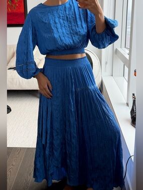 Maje Blue Crinkled Satin Two-Piece Crop Top & Maxi Skirt Set | FR 36 / Top 1